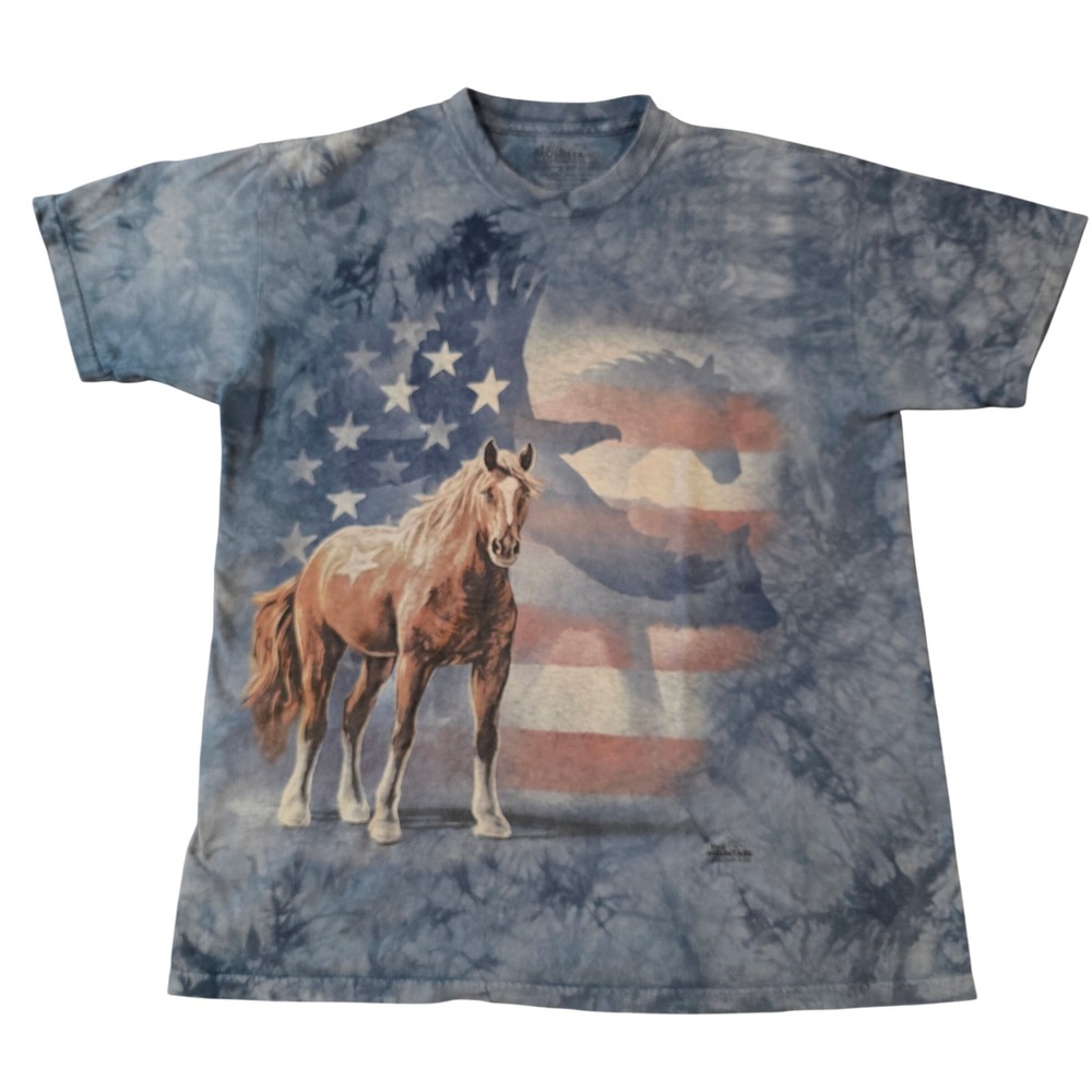 The Mountain Horse American Flag Tie Dye T-Shirt Blue Eagle Wolf 2013 Mens L